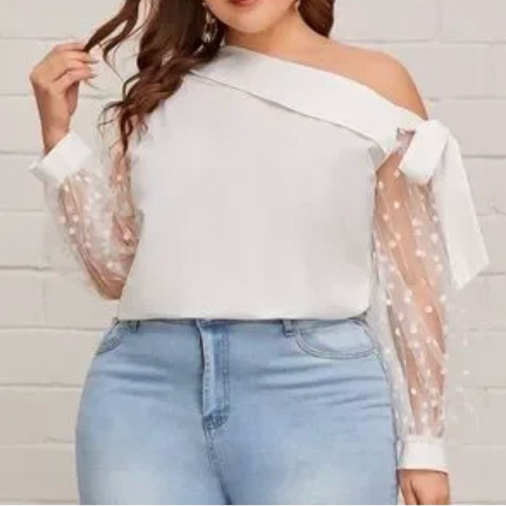Womens One Shoulder White Blouse Sheer Polka Dot Sleeve Chic Dressy Top